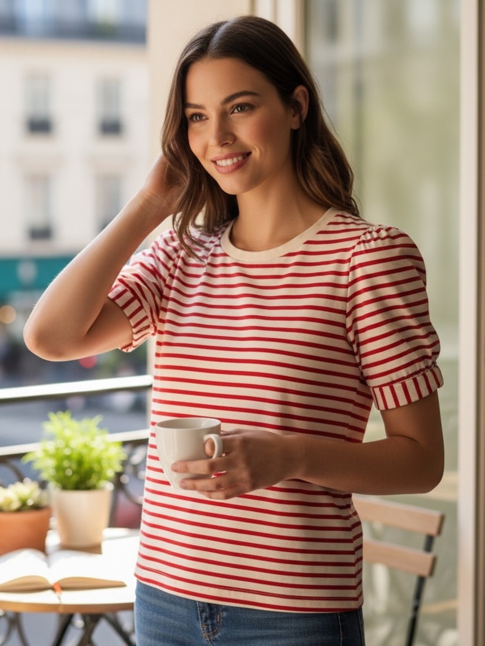 Pomander Place Red Striped Vesty Puff Short Sleeve Crewneck